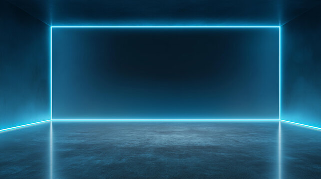 Futuristic neon light technology background with reflective floor and empty digital space, abstract virtual reality 3D render and cyberspace concept, with copy space