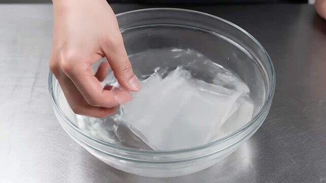 Close up of a baker's hands gently placing translucent gelatin sheets into a clear glass bowl filled with cool water for preparation in a culinary setting, with stainless steel counter background and
