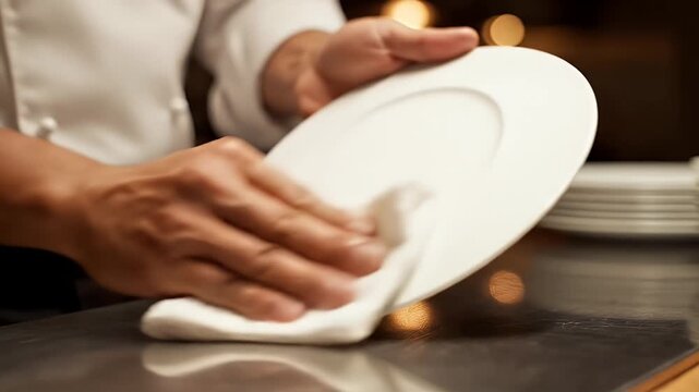 Close Up Of Chef Hands Polishing A White Plate With A White Cloth In A Restaurant Kitchen With Blurred Warm Bokeh Background In Subtle Lighting