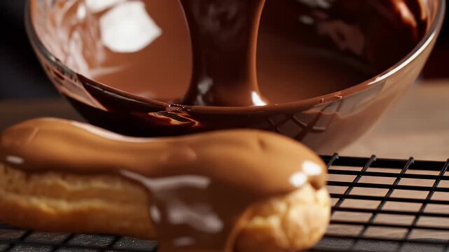 Close Up of Hands Glazing Delicious Classic French Eclairs with Smooth Caramel Glaze on a Cooling Rack Indoors Professional Food Photography