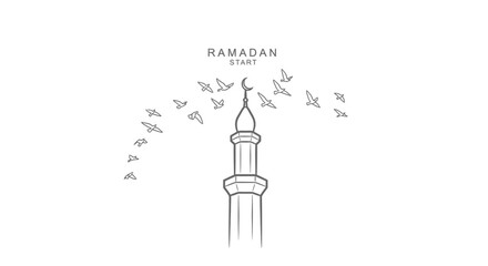 Fototapeta premium Ramadan start concept with mosque minaret and flying birds