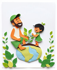 Naklejka premium Father and Child Caring for Planet Earth with Recycling Symbol and Growing Plant