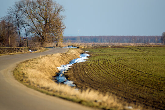 Krajobraz droga asfaltowa wśr&oacute;d p&oacute;l światło słoneczne.	
