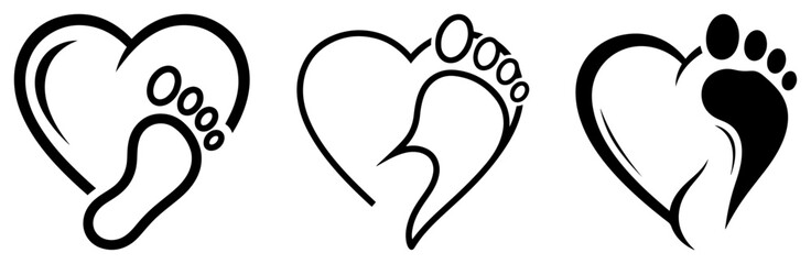 Obraz premium Baby Feet In Heart Logo Set Newborn Footprint Love Symbol Vector