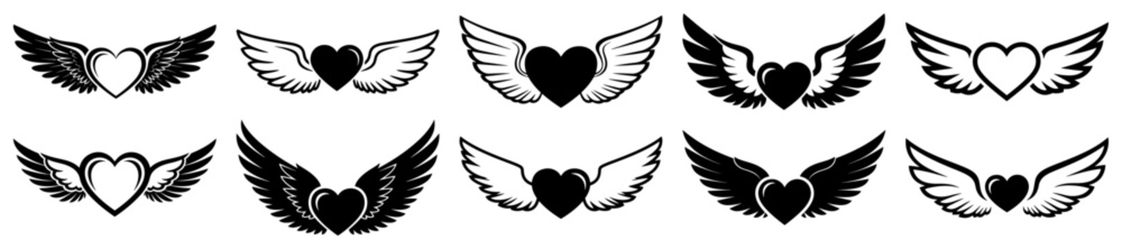 Winged Heart Icons Set Angel Wings Love Emblem Vector Dividers