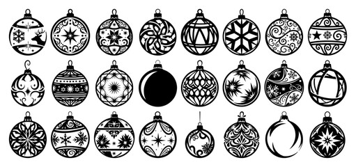 Obraz premium Christmas ball vector icon set Collection of black holiday baubles with decorative ornaments