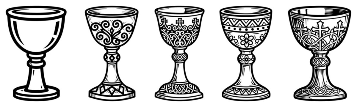 Medieval chalice and goblet vector sketch set Hand drawn collection of vintage ornate cups