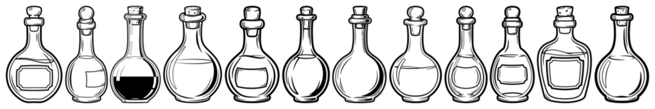 Vintage potion bottle seamless border Hand drawn vector sketch of old glass flasks for alchemy and magic