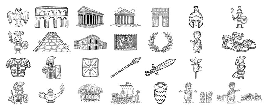 Ancient Rome And Greece Icons Set Colosseum Gladiator Laurel Sword Doodle Vector