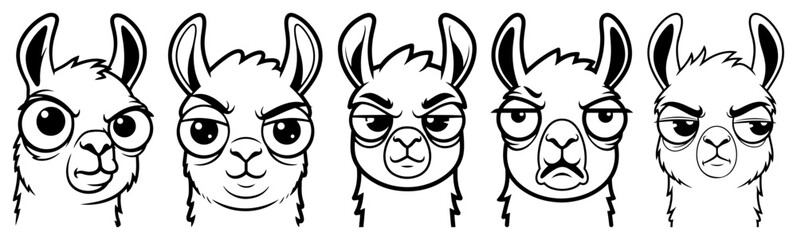 Fototapeta premium Llama head emotions vector set Cartoon alpaca character face expressions