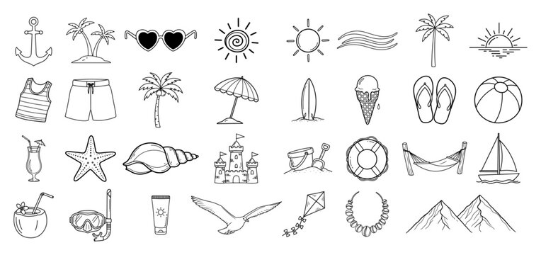 Big set of hand drawn summer and beach icons Doodle vacation and travel elements collection Vector outline illustration