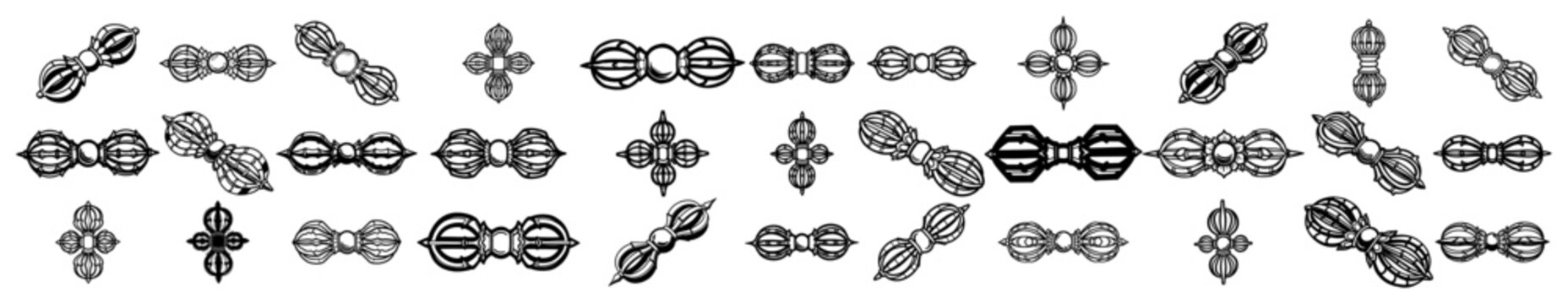 Vajra and Vishvavajra buddhist symbol vector set Collection of Tibetan dorje ritual weapon icons