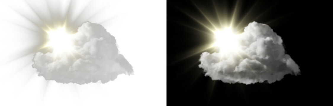 Bright sun rays shining behind a soft white cloud isolated on transparent and black background, glowing light effect perfect for weather design, overlays and compositions.