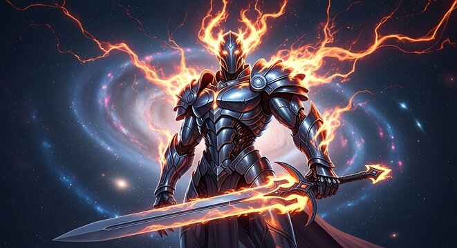 Cosmic Warrior Wielding Fiery Sword Amidst Galactic Nebula.