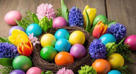 Easter sunday celebration with colorful eggs and spring flowers