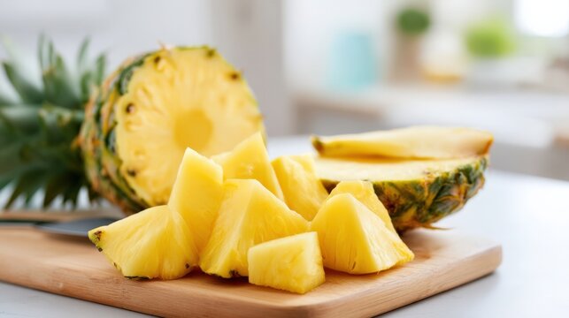 Ripe pineapple sliced into chunks and neat pieces on a wooden kitchen board with fresh yellow flesh