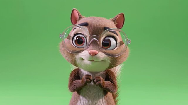 Cute animated chipmunk with glasses in meditation pose against green background