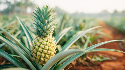 Fototapeta premium Close-up of young pineapple fruit growing in tropical field with lush green spiky leaves