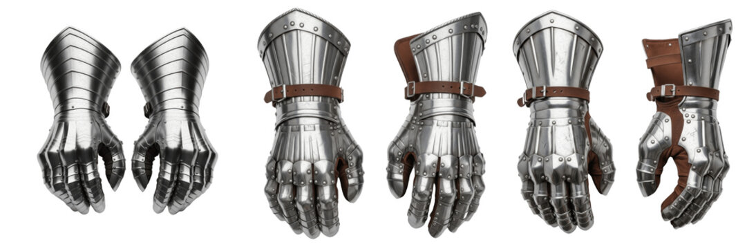 Set and collection of medieval knight gauntlets, polished steel armor gloves, plate armor hand protection, warrior combat equipment isolated on white transparent png background