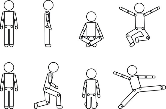 Human stick figure poses set showing standing sitting jumping running and kneeling positions, simple character body movement reference illustration