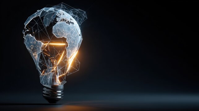 Global light bulb concept with bright glowing filament and connections