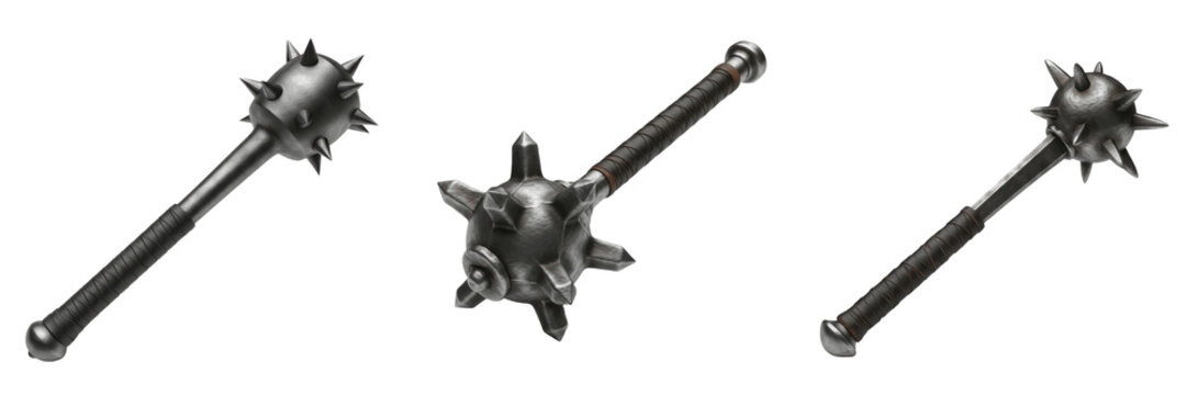Set and collection of medieval mace weapons, spiked morning star, steel flail head, iron bludgeon, historical knight combat equipment isolated on white transparent png background