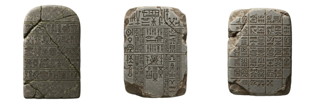 Set and collection of ancient stone tablets, mesopotamian cuneiform script, sumerian clay slab, archeological artifact, historical writing surface isolated on white transparent png background