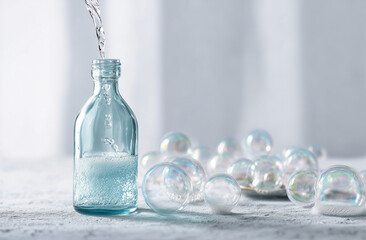 Modern zero waste glass bottle being filled with water for sustainability campaign and Earth Day eco friendly lifestyle