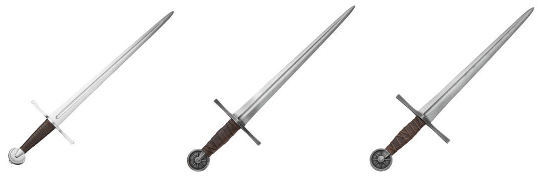 Set and collection of realistic medieval longswords with steel blades and wooden grips isolated on white transparent png background