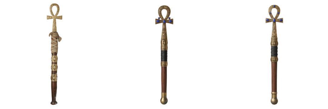 Set and collection of ancient Egyptian ankh scepters with golden finish and blue gemstones isolated on white transparent png background