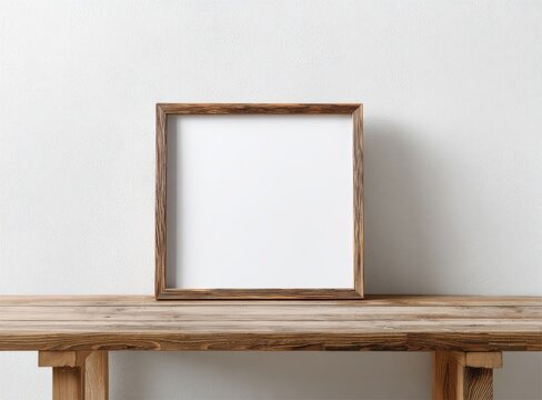 Blank, square frame sits atop a rustic wooden table, against a textured, white wall