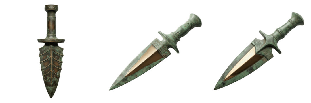 Set and collection of ancient bronze daggers, antique Roman gladius style blades, and ornate historical metal weaponry isolated on white transparent png background.