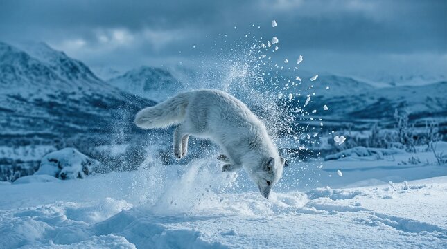 Arctic fox jumping into deep white snow during winter hunt in frozen mountain tundra landscape