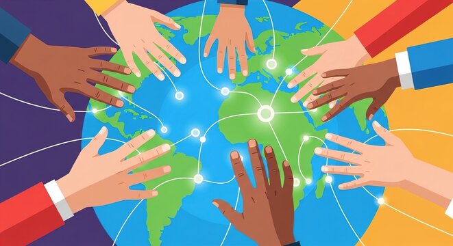 Diverse group of hands touching blue earth globe with glowing connections for global unity map