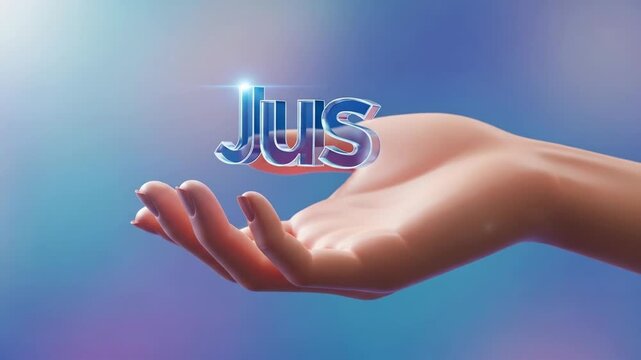 A hand with palm up and fingers curled gently holds a shiny 3D text