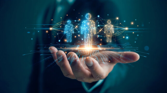 Business hand holding ai network for customer segmentation and data analysis