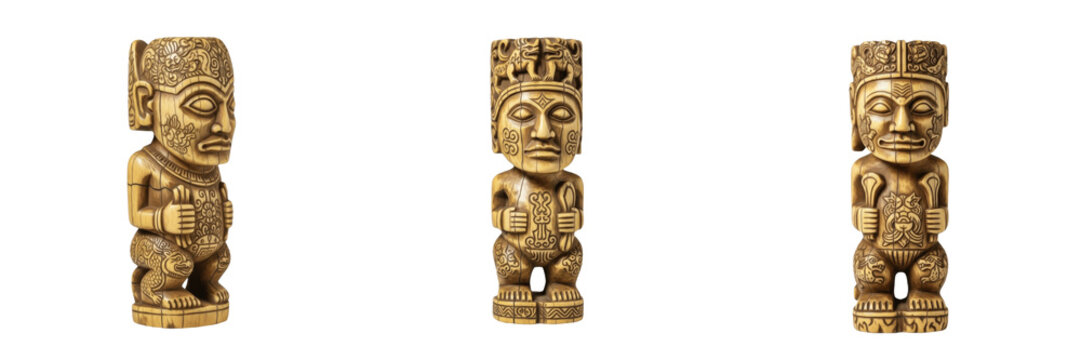 Set and collection of ancient Mayan Aztec tribal idols, golden pre-Columbian deity statues, and indigenous ritual artifacts isolated on white transparent png background.