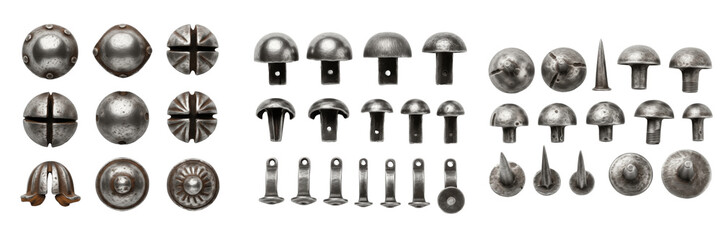 Set and collection of industrial steel rivets metal studs and chrome furniture fasteners with...