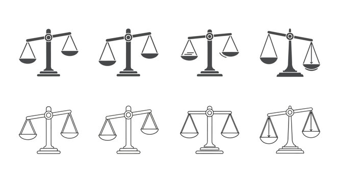 Collection of modern balance scale icons, symbolizing justice, law, equality, and financial balance, depicted in various states of equilibrium and imbalance for graphic design