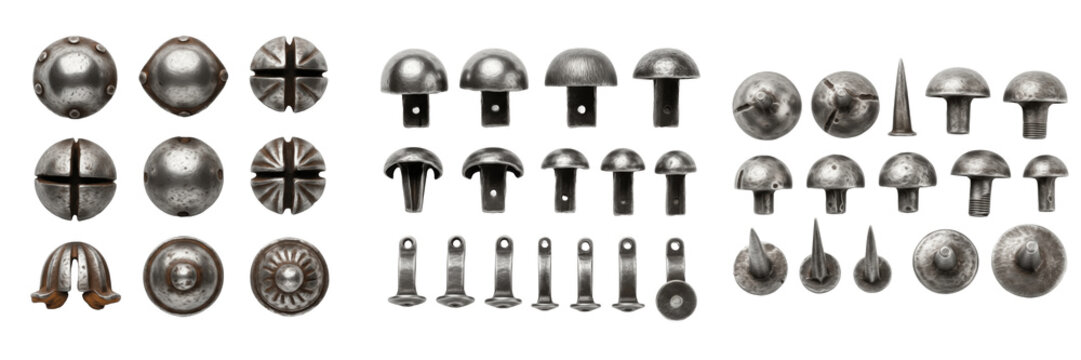Set and collection of industrial steel rivets metal studs and chrome furniture fasteners with various head designs isolated on white transparent png background