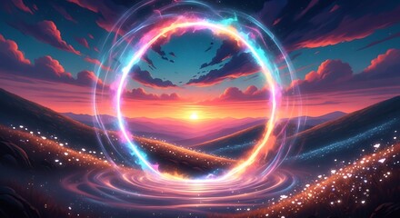 Obraz premium Vibrant Neon Portal in a Fantasy Landscape at Sunset.