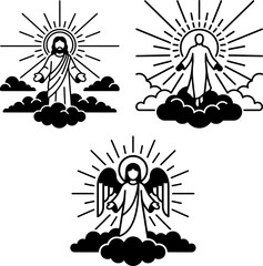 Obraz premium Jesus Christ Ascension and Holy Angel Set with Divine Sunburst and Clouds in Minimalist Black and White Vector Illustration