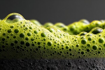 A close-up macro shot of vibrant green bubbles and foam against a dark background, creating an abstract texture.