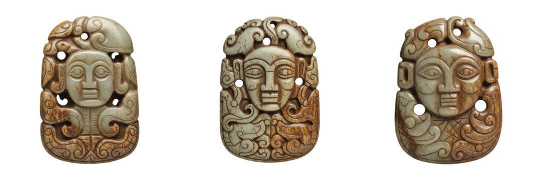 Set and collection of ancient Chinese jade carvings and hand-carved nephrite pendants with mystical deity faces and traditional scrollwork isolated on white transparent png background