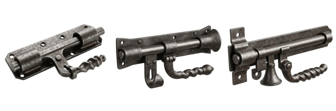 Set and collection of vintage wrought iron slide bolt latches and rustic decorative metal door locks with hammered texture and ornate scroll handles isolated on white transparent png background