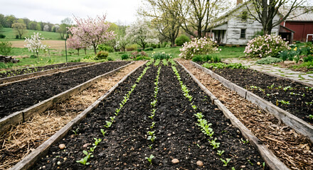 Garden beds growing vegetables in rural spring landscape
