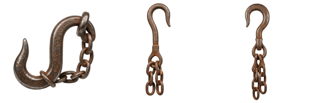Set and collection of heavy duty vintage rusty iron hooks with industrial steel chains for hoisting and maritime towing isolated on white transparent png background