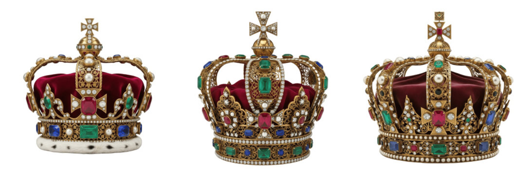 Set and collection of royal golden imperial crowns with red velvet and precious gemstones for monarch coronation isolated on white transparent png background