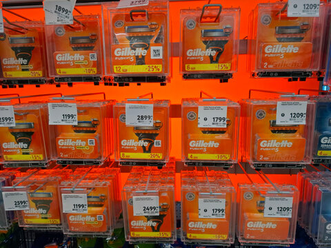 VORONEZH, Russia - March 6, 2026.Gillette razor blade refills arranged on supermarket shelf in Russia with price labels visible