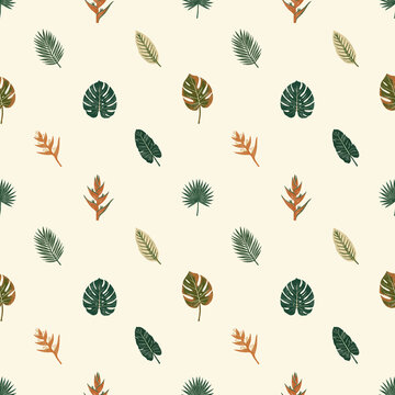 Boho painted tropical plant repeating pattern featuring a vintage stamped effect in earth tones